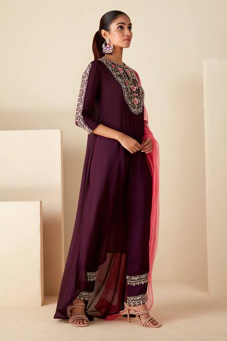Suruchi Parakh_Purple Georgette, Crepe Embroidery Round , Keyhole Hand Anarkali Set _Online_at_Aza_Fashions