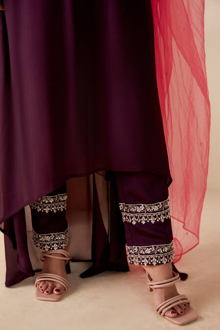 Buy_Suruchi Parakh_Purple Georgette, Crepe Embroidery Round , Keyhole Hand Anarkali Set _Online_at_Aza_Fashions
