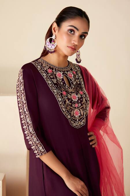 Shop_Suruchi Parakh_Purple Georgette, Crepe Embroidery Round , Keyhole Hand Anarkali Set _Online_at_Aza_Fashions