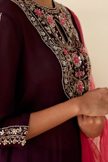 Suruchi Parakh_Purple Georgette, Crepe Embroidery Round , Keyhole Hand Anarkali Set _at_Aza_Fashions