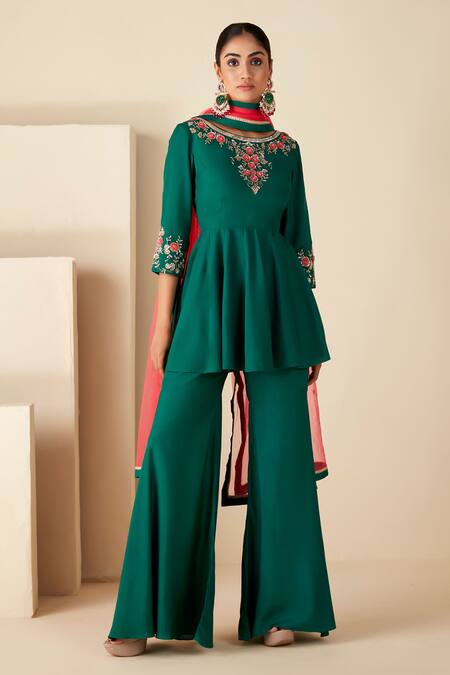 Suruchi Parakh_Green Crepe, Chiffon Embroidery, Zari Round Hand Short Anarkali Sharara Set _Online_at_Aza_Fashions