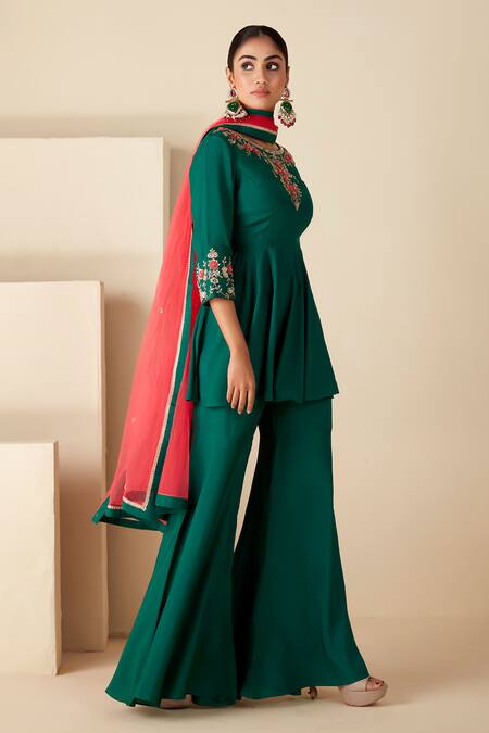 Shop_Suruchi Parakh_Green Crepe, Chiffon Embroidery, Zari Round Hand Short Anarkali Sharara Set _Online_at_Aza_Fashions