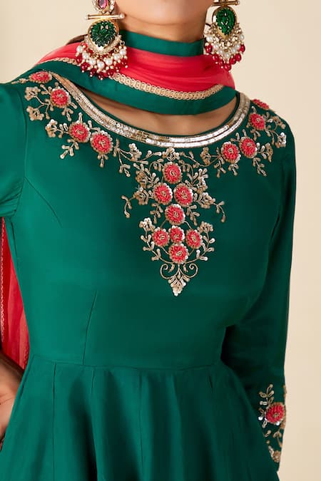 Suruchi Parakh_Green Crepe, Chiffon Embroidery, Zari Round Hand Short Anarkali Sharara Set _at_Aza_Fashions