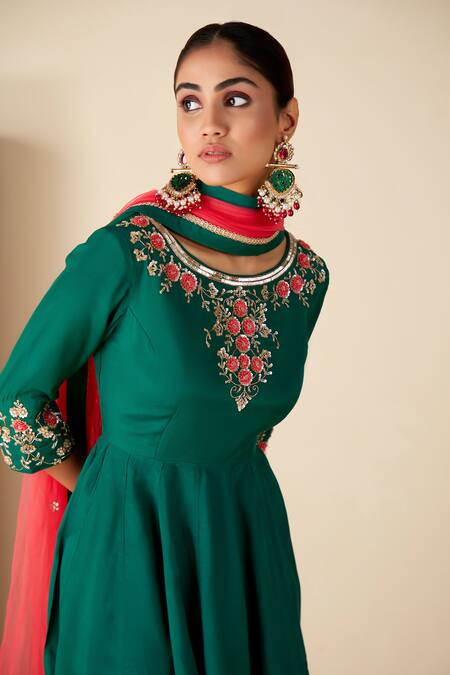 Buy_Suruchi Parakh_Green Crepe, Chiffon Embroidery, Zari Round Hand Short Anarkali Sharara Set 