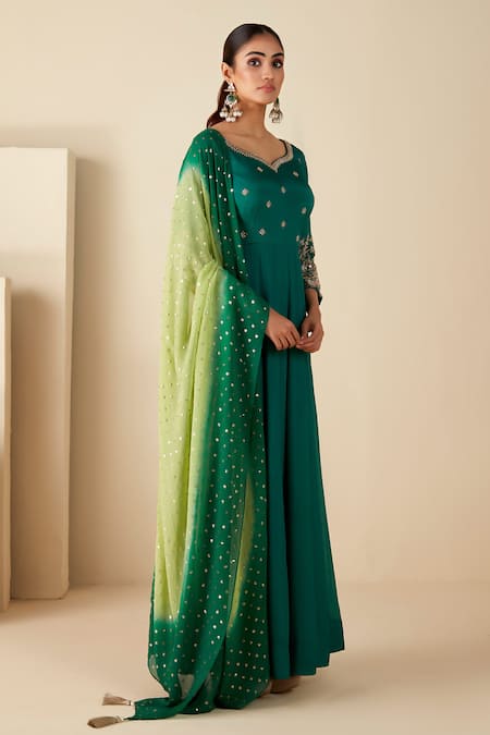 Suruchi Parakh_Green Georgette, Crepe Embroidery V-neck Buttis Hand Anarkali With Dupatta _Online_at_Aza_Fashions