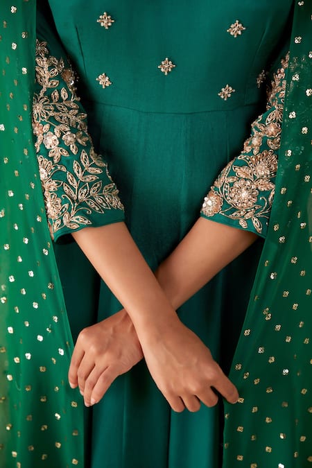 Buy_Suruchi Parakh_Green Georgette, Crepe Embroidery V-neck Buttis Hand Anarkali With Dupatta _Online_at_Aza_Fashions