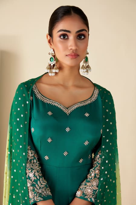 Shop_Suruchi Parakh_Green Georgette, Crepe Embroidery V-neck Buttis Hand Anarkali With Dupatta _Online_at_Aza_Fashions