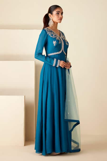 Suruchi Parakh_Blue Georgette, Crepe Embroidery V-neck Yoke Buttis Anarkali With Dupatta _Online_at_Aza_Fashions