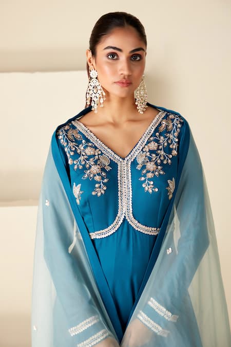 Buy_Suruchi Parakh_Blue Georgette, Crepe Embroidery V-neck Yoke Buttis Anarkali With Dupatta _Online_at_Aza_Fashions
