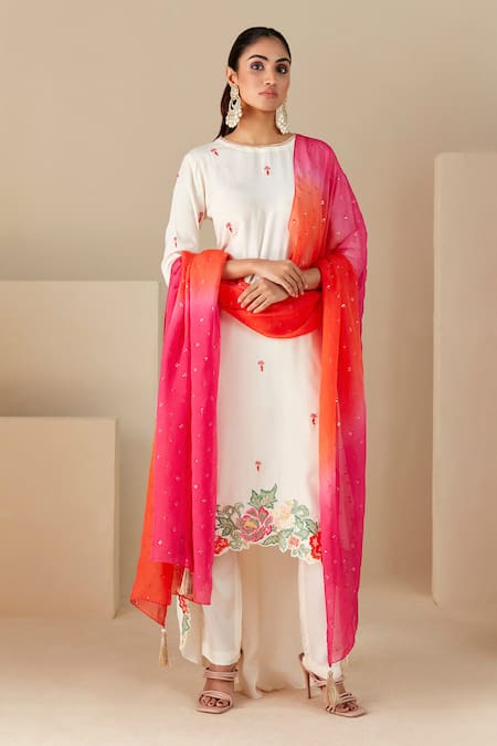 Suruchi Parakh_White Crepe, Silk, Chiffon Embroidery Round Neck Hand Anarkali Set _Online_at_Aza_Fashions