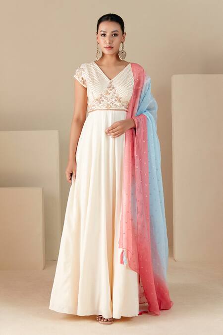 Suruchi Parakh White Crepe, Silk, Chiffon Embroidery, Yoke Hand Work Anarkali With Dupatta Online at Aza Fashions Suruchi Parakh_White Crepe, Silk, Chiffon Embroidery, Yoke Hand Work Anarkali With Dupatta _Online_at_Aza_Fashions