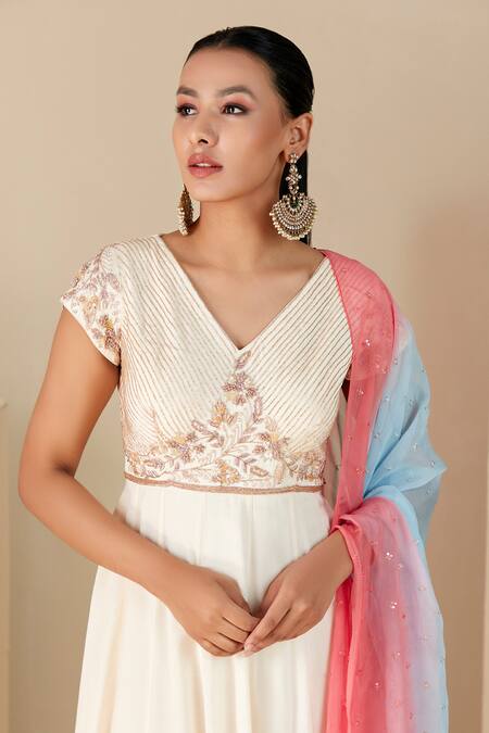 Shop Suruchi Parakh White Crepe, Silk, Chiffon Embroidery, Yoke Hand Work Anarkali With Dupatta Online at Aza Fashions Shop_Suruchi Parakh_White Crepe, Silk, Chiffon Embroidery, Yoke Hand Work Anarkali With Dupatta _Online_at_Aza_Fashions