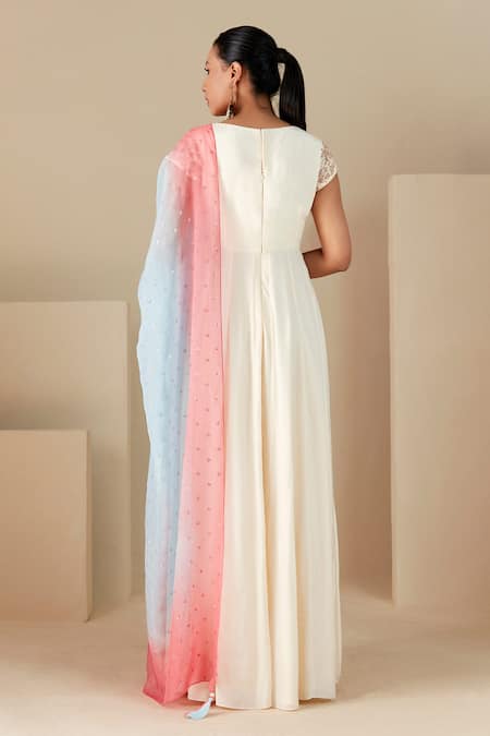 Shop Suruchi Parakh White Crepe, Silk, Chiffon Embroidery, Yoke Hand Work Anarkali With Dupatta at Aza Fashions Shop_Suruchi Parakh_White Crepe, Silk, Chiffon Embroidery, Yoke Hand Work Anarkali With Dupatta _at_Aza_Fashions