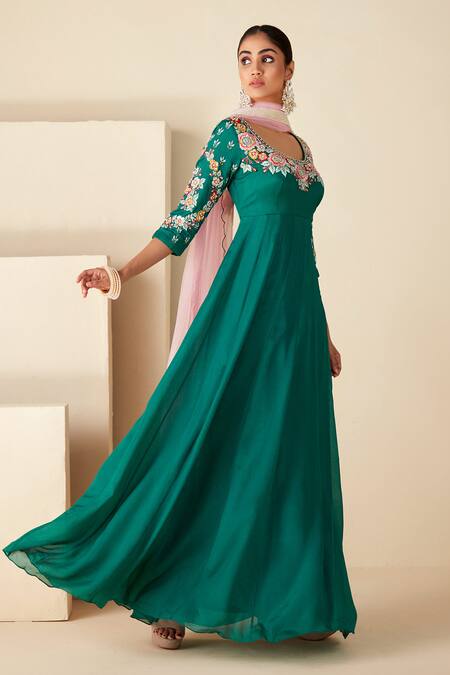 Suruchi Parakh_Green Georgette, Crepe Embroidery Round Neck Thread Hand Anarkali With Dupatta _Online_at_Aza_Fashions