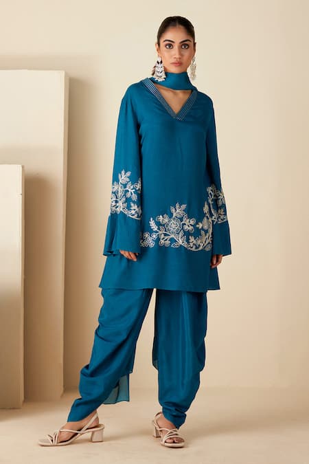 Suruchi Parakh_Blue Crepe, Silk, Chiffon Embroidery V-neck Hand Short Anarkali Dhoti Pant Set _Online_at_Aza_Fashions