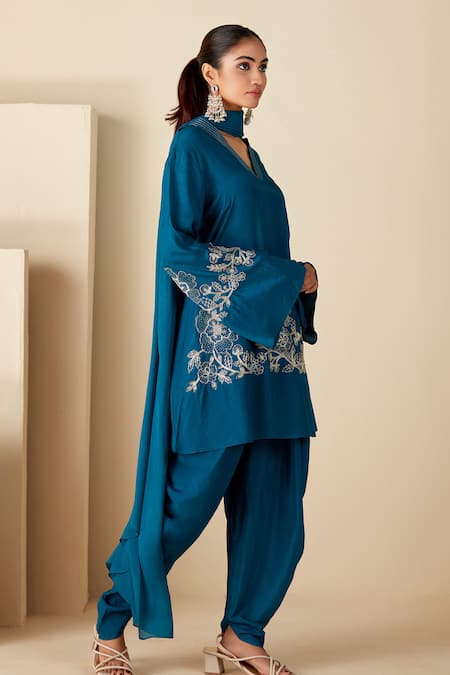 Buy_Suruchi Parakh_Blue Crepe, Silk, Chiffon Embroidery V-neck Hand Short Anarkali Dhoti Pant Set _Online_at_Aza_Fashions
