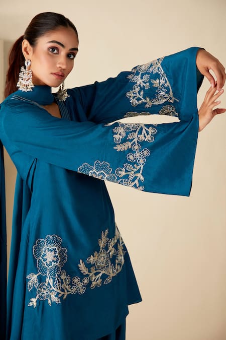 Suruchi Parakh_Blue Crepe, Silk, Chiffon Embroidery V-neck Hand Short Anarkali Dhoti Pant Set _at_Aza_Fashions