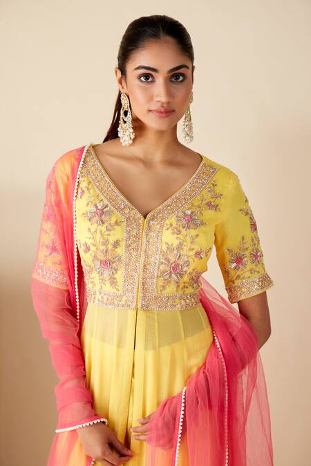 Buy Suruchi Parakh Yellow Georgette, Crepe, Chiffon Embroidery V-neck Thread Anarkali With Dupatta Online at Aza Fashions Buy_Suruchi Parakh_Yellow Georgette, Crepe, Chiffon Embroidery V-neck Thread Anarkali With Dupatta _Online_at_Aza_Fashions