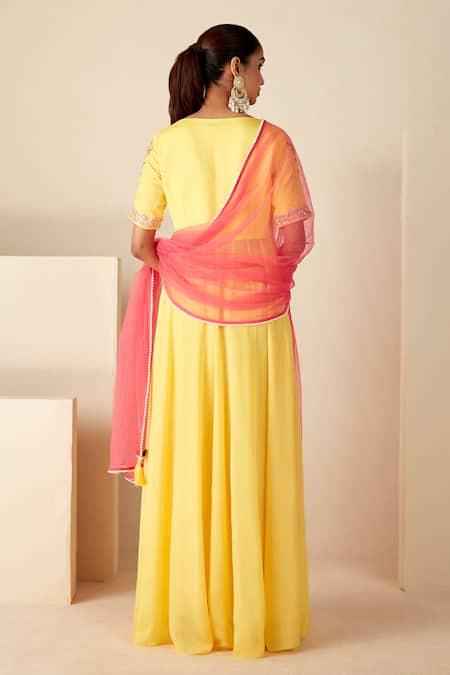 Shop Suruchi Parakh Yellow Georgette, Crepe, Chiffon Embroidery V-neck Thread Anarkali With Dupatta at Aza Fashions Shop_Suruchi Parakh_Yellow Georgette, Crepe, Chiffon Embroidery V-neck Thread Anarkali With Dupatta _at_Aza_Fashions