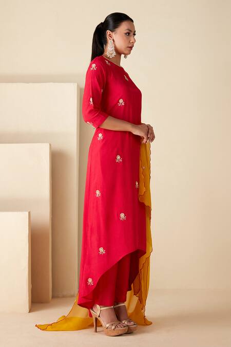 Buy_Suruchi Parakh_Red Crepe, Chiffon, Silk Embroidery Round Neck Hand A-line Kurta Set _Online_at_Aza_Fashions