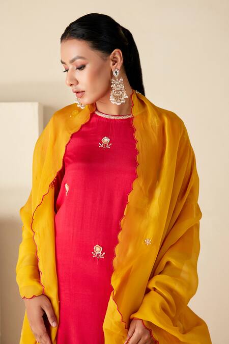 Shop_Suruchi Parakh_Red Crepe, Chiffon, Silk Embroidery Round Neck Hand A-line Kurta Set _Online_at_Aza_Fashions
