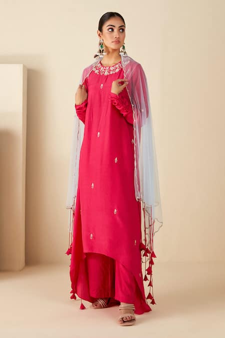 Buy_Suruchi Parakh_Pink Crepe, Chiffon, Silk Embroidery, Tassels Hand High-low A-line Kurta Set _Online_at_Aza_Fashions