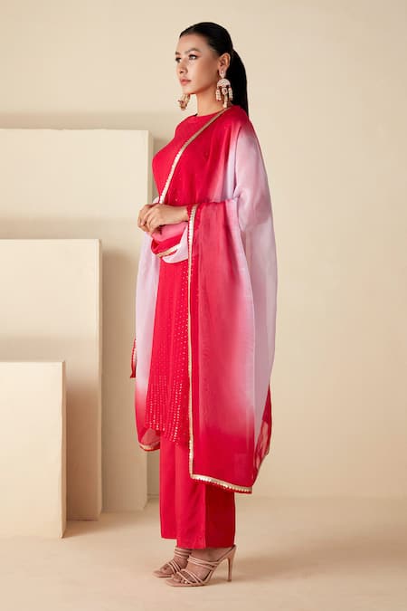 Suruchi Parakh_Red Georgette, Crepe Sequins, Embroidery Round Neck Hand Kurta Pant Set _Online_at_Aza_Fashions