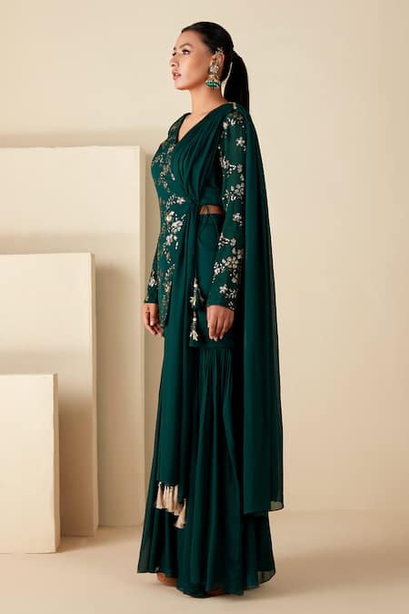 Suruchi Parakh_Green Georgette, Crepe Sequins V-neck Hand Embroidered Kurta Sharara Set _Online_at_Aza_Fashions