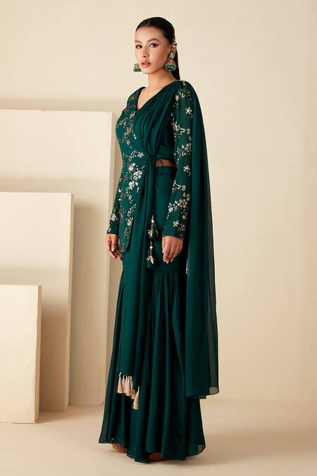 Buy_Suruchi Parakh_Green Georgette, Crepe Sequins V-neck Hand Embroidered Kurta Sharara Set _Online_at_Aza_Fashions