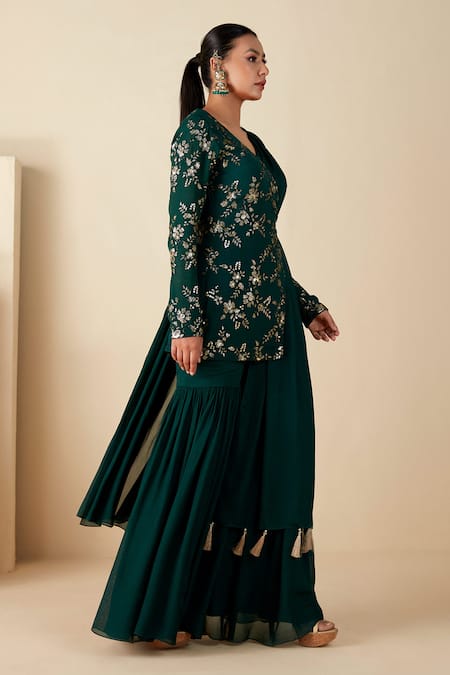 Shop_Suruchi Parakh_Green Georgette, Crepe Sequins V-neck Hand Embroidered Kurta Sharara Set _Online_at_Aza_Fashions