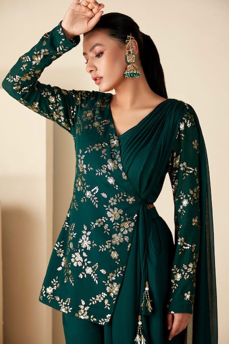 Suruchi Parakh_Green Georgette, Crepe Sequins V-neck Hand Embroidered Kurta Sharara Set _at_Aza_Fashions