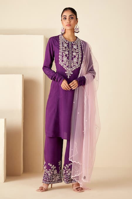 Suruchi Parakh_Purple Crepe, Silk, Chiffon Sequins, Embroidery Hand Straight Kurta Pant Set _Online_at_Aza_Fashions