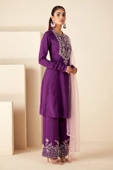 Buy_Suruchi Parakh_Purple Crepe, Silk, Chiffon Sequins, Embroidery Hand Straight Kurta Pant Set _Online_at_Aza_Fashions