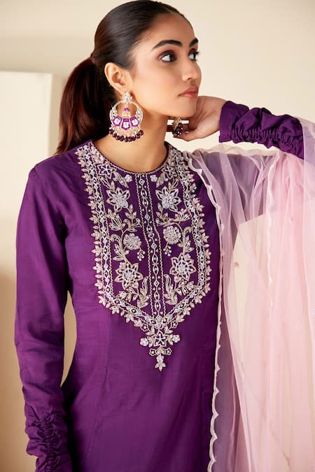 Shop_Suruchi Parakh_Purple Crepe, Silk, Chiffon Sequins, Embroidery Hand Straight Kurta Pant Set _Online_at_Aza_Fashions