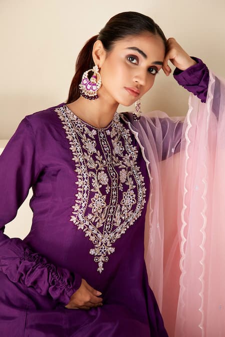 Suruchi Parakh_Purple Crepe, Silk, Chiffon Sequins, Embroidery Hand Straight Kurta Pant Set _at_Aza_Fashions