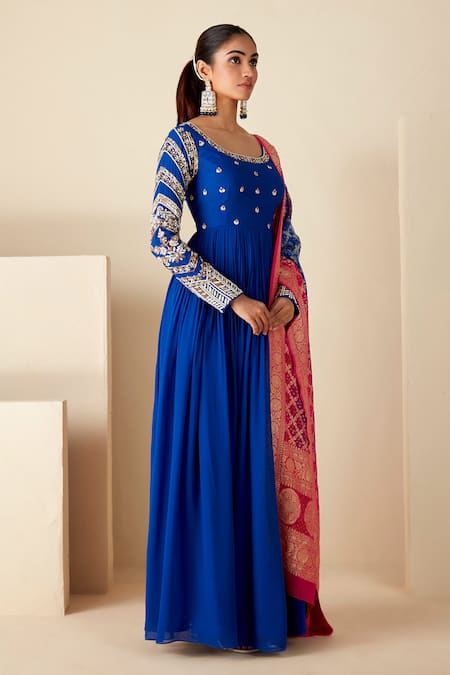 Suruchi Parakh Blue Georgette, Crepe Embroidery Round Neck Floral Hand Anarkali With Dupatta Online at Aza Fashions Suruchi Parakh_Blue Georgette, Crepe Embroidery Round Neck Floral Hand Anarkali With Dupatta _Online_at_Aza_Fashions