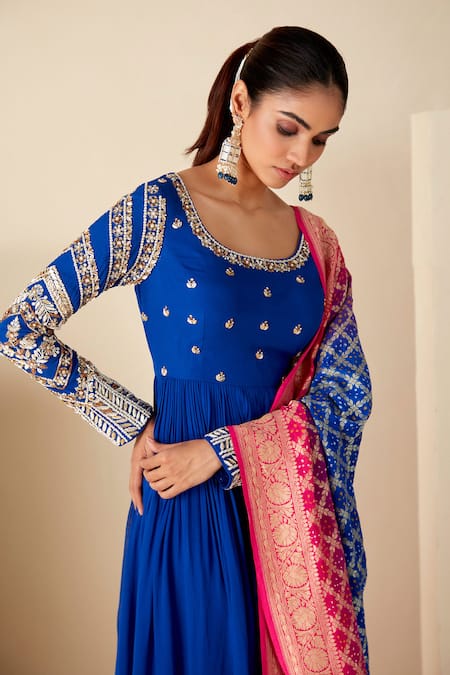 Buy Suruchi Parakh Blue Georgette, Crepe Embroidery Round Neck Floral Hand Anarkali With Dupatta Online at Aza Fashions Buy_Suruchi Parakh_Blue Georgette, Crepe Embroidery Round Neck Floral Hand Anarkali With Dupatta _Online_at_Aza_Fashions