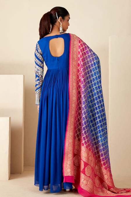 Shop Suruchi Parakh Blue Georgette, Crepe Embroidery Round Neck Floral Hand Anarkali With Dupatta at Aza Fashions Shop_Suruchi Parakh_Blue Georgette, Crepe Embroidery Round Neck Floral Hand Anarkali With Dupatta _at_Aza_Fashions