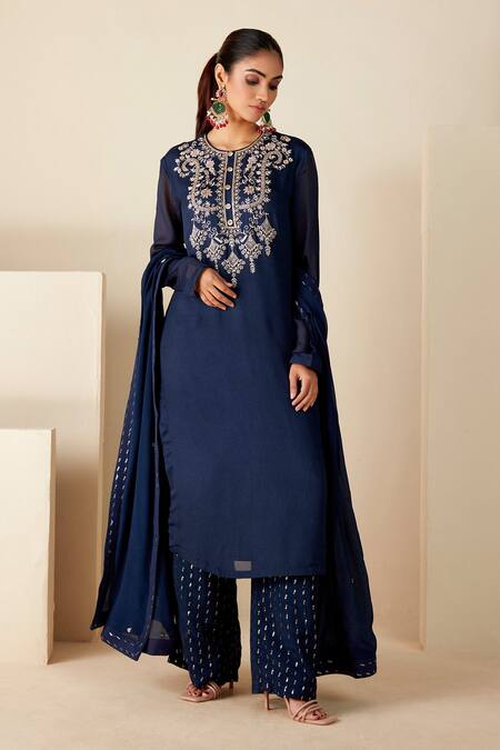 Suruchi Parakh_Blue Georgette, Crepe Sequins, Embroidery Round Neck Hand Kurta Set _Online_at_Aza_Fashions
