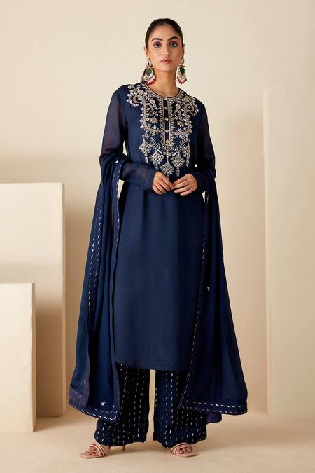 Buy_Suruchi Parakh_Blue Georgette, Crepe Sequins, Embroidery Round Neck Hand Kurta Set _Online_at_Aza_Fashions