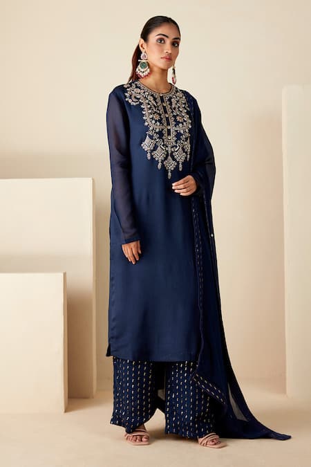 Shop_Suruchi Parakh_Blue Georgette, Crepe Sequins, Embroidery Round Neck Hand Kurta Set _Online_at_Aza_Fashions
