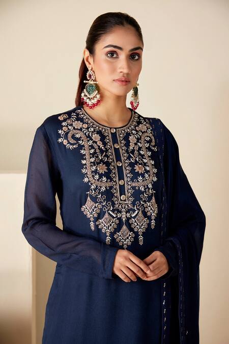 Suruchi Parakh_Blue Georgette, Crepe Sequins, Embroidery Round Neck Hand Kurta Set _at_Aza_Fashions