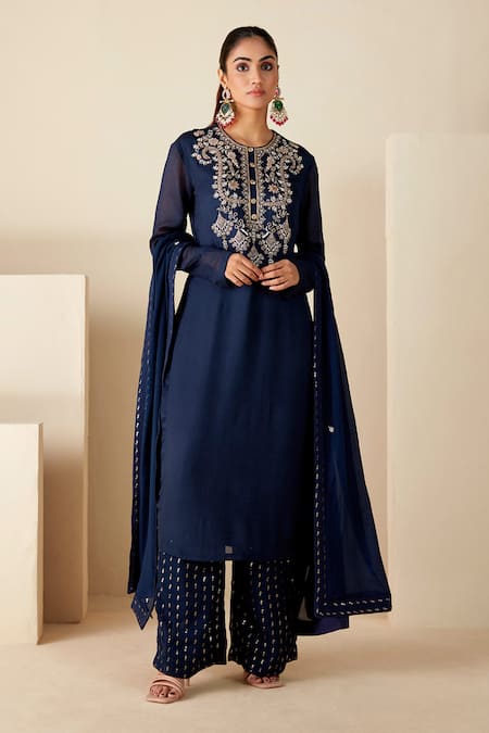 Suruchi Parakh Blue Georgette Crepe Hand Embroidered Sequins Round Kurta Set 