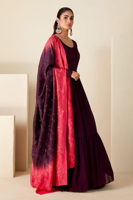 Buy_Suruchi Parakh_Purple Georgette, Crepe Sequins, Embroidery Round Anarkali With Hand Dupatta _Online_at_Aza_Fashions
