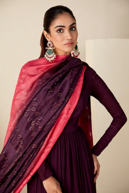 Shop_Suruchi Parakh_Purple Georgette, Crepe Sequins, Embroidery Round Anarkali With Hand Dupatta _Online_at_Aza_Fashions