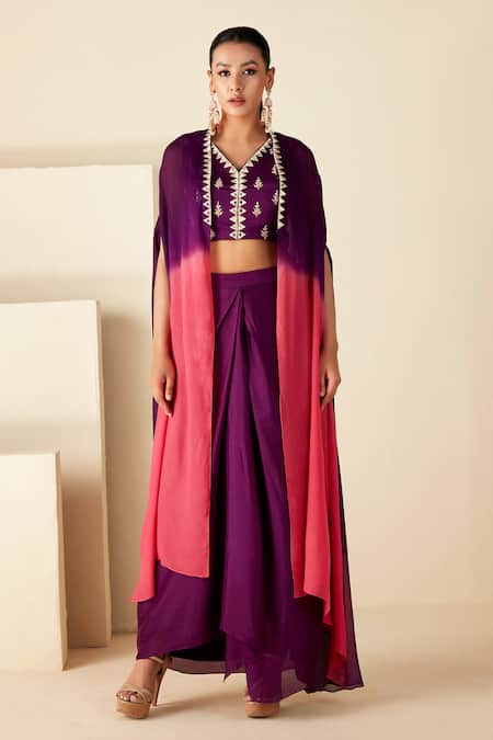 Suruchi Parakh_Purple Georgette Embroidery, Mirrors V-neck Ombre Cape Draped Skirt Set _Online_at_Aza_Fashions