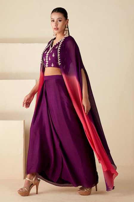Buy_Suruchi Parakh_Purple Georgette Embroidery, Mirrors V-neck Ombre Cape Draped Skirt Set _Online_at_Aza_Fashions