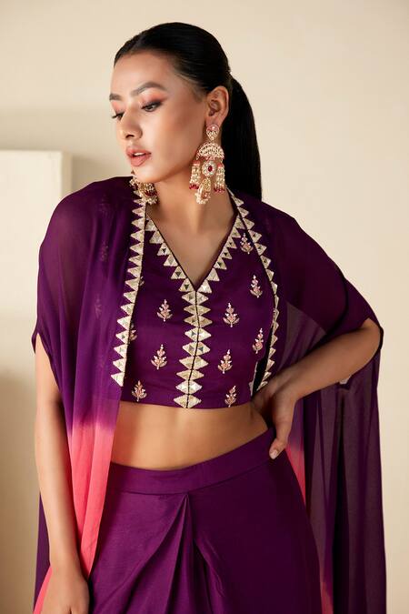 Shop_Suruchi Parakh_Purple Georgette Embroidery, Mirrors V-neck Ombre Cape Draped Skirt Set _Online_at_Aza_Fashions