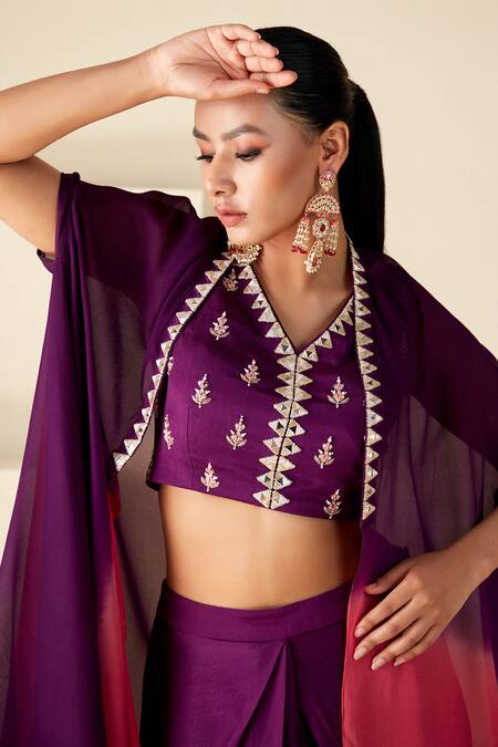 Suruchi Parakh_Purple Georgette Embroidery, Mirrors V-neck Ombre Cape Draped Skirt Set _at_Aza_Fashions