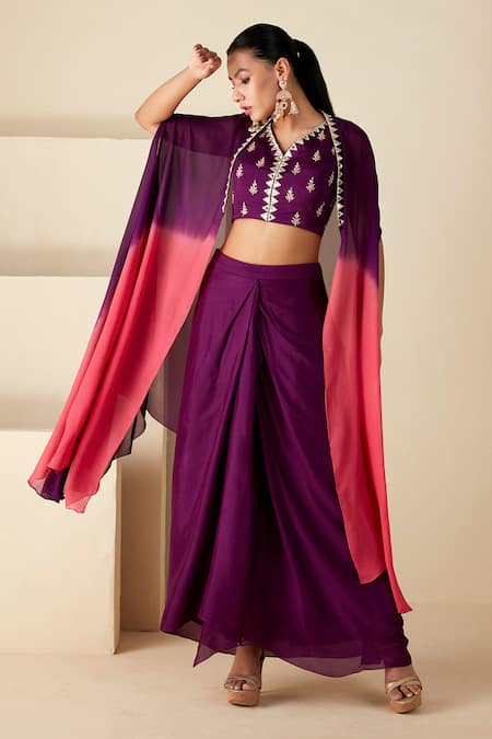 Suruchi Parakh Ombre Embroidered Cape Draped Skirt Set 